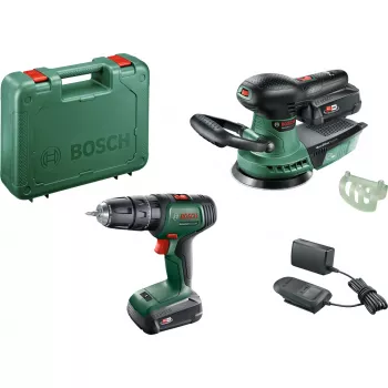 Ensemble Bosch DIY UniversalImpact 18V + AdvancedOrbit 18V, 2 batteries Li-Ion 2,0 Ah, perceuse-visseuse à percussion sans fil + ponceuse excentrique sans fil, vert (06039D410A)