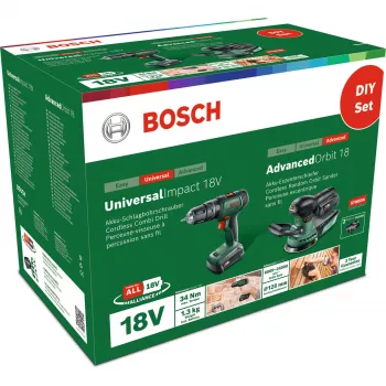 Ensemble Bosch DIY UniversalImpact 18V + AdvancedOrbit 18V, 2 batteries Li-Ion 2,0 Ah, perceuse-visseuse à percussion sans fil + ponceuse excentrique sans fil, vert (06039D410A)
