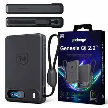 Chargeur sans fil 3mk incharge Genesis Qi2 25W + PD 45W avec câble USB-C intégré, noir