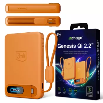 Chargeur sans fil 3mk incharge® Genesis Qi 2 25W + PD45W, câble USB-C intégré, orange