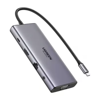 Hub USB-C Ugreen CM639, HDMI, VGA, 2x USB-C 3.2 10 Gbit/s, 2x USB, SD/TF, RJ45, Aux 3,5 mm, PD, 4K 60 Hz