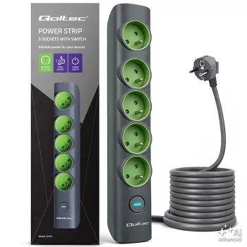 Multiprise Qoltec avec interrupteur lumineux, 5 prises de terre, 1,8 m