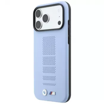 Coque MagSafe BMW M Blue Perfo Metal Logo pour iPhone 18 Pro / 17 Pro, bleue