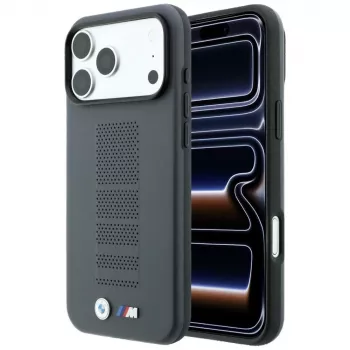 Coque MagSafe BMW M Blue Perfo Metal Logo pour iPhone 18 Pro Max / 17 Pro Max, grise
