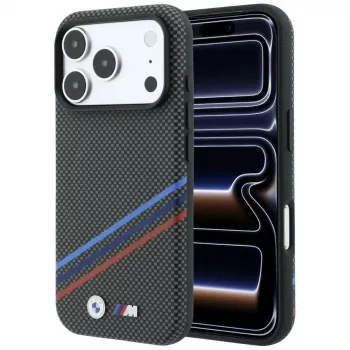 Coque MagSafe BMW M Quadrille Kevlar Print Tricolor Lines & Metal Logo pour iPhone 18 Pro / 17 Pro, anthracite