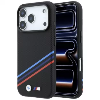 Coque MagSafe BMW M Quadrille Kevlar Print Tricolor Lines & Metal Logo pour iPhone 18 Pro / 17 Pro, noire