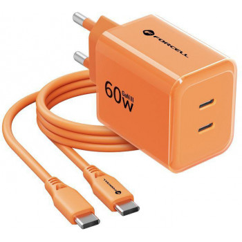 Chargeur secteur Forcell F-Energy GaN III VT-60 60W PD QC 4.0+ 2x USB-C orange + câble USB-C