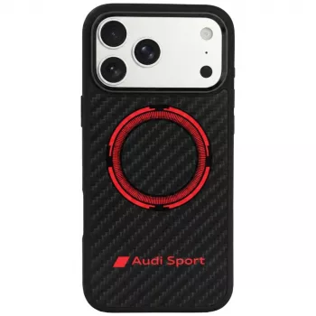 Coque MagSafe en fibre de carbone Audi RSQ Carbon Fiber Sport Red Circle pour iPhone 18 Pro Max / 17 Pro Max, noire