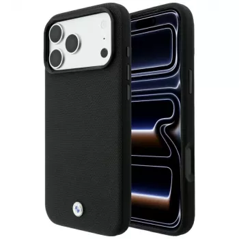 Coque MagSafe BMW Kevlar Metal Logo pour iPhone 18 Pro Max / 17 Pro Max, noire
