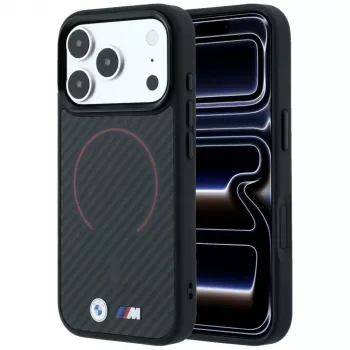 Coque MagSafe BMW M Kevlar Red Print Ring Metal Logo pour iPhone 18 Pro Max / 17 Pro Max, noire