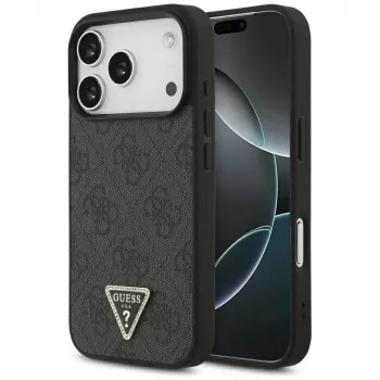 Coque MagSafe Guess Leather 4G Triangle Strass pour iPhone 18 Pro / 17 Pro, noire