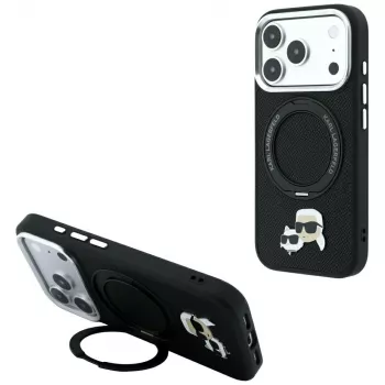 Coque Karl Lagerfeld Ring Stand 360 Karl & Choupette Heads Pin, MagSafe, pour iPhone 18 Pro / 17 Pro, noire