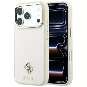 Guess GUE005532 coque pour iPhone 18 Pro / 17 Pro, Saffiano Small 4G & Classic Logo, MagSafe, beige
