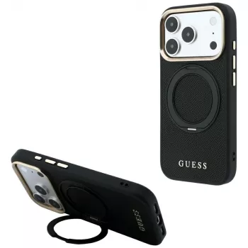 Guess GUE005670 coque pour iPhone 18 Pro Max / 17 Pro Max, Ring Stand 360 Grained Classic Logo, MagSafe, noire