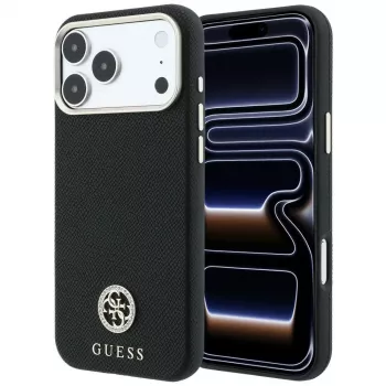 Guess GUE005533 coque MagSafe Grained Round Strass Logo pour iPhone 18 Pro / 17 Pro, noire