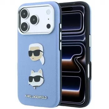 Coque Karl Lagerfeld KF003247 Saffiano avec Karl & Choupette Heads Pins & Logo pour iPhone 18 Pro / 17 Pro, bleu clair