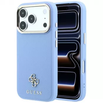 Coque MagSafe Guess GUE005536 Saffiano Small 4G & Classic Logo pour iPhone 18 Pro Max / 17 Pro Max, bleu clair