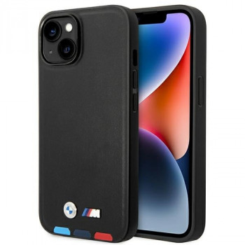 Coque BMW BMHCP14M22PTDK pour iPhone 14 Plus, noire, Leather Stamp Tricolor