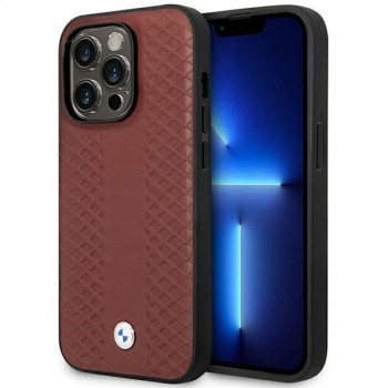 Coque MagSafe BMW BMHMP14L22RFGR Leather Diamond Pattern pour Apple iPhone 14 Pro 6,1″, bordeaux
