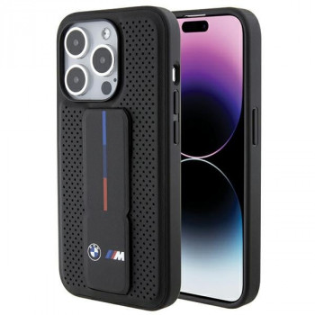 Coque rigide Grip Stand Smooth & Perforated BMW BMHCP15LGSPPRK pour Apple iPhone 15 Pro, noire