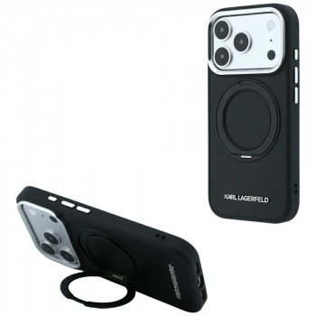 Coque Karl Lagerfeld Ring Stand 360 Saffiano Classic Logo MagSafe pour Apple iPhone 18 Pro / 17 Pro, noire (KF003179)