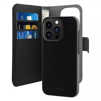 Coque 2 en 1 MagSafe amovible Puro Wallet en cuir PU avec rabat et portefeuille pour iPhone 14 Pro Max, noire
