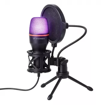 Microphone de studio gaming filaire sur pied Wozinsky WM-W111 avec rétroéclairage RGB, noir