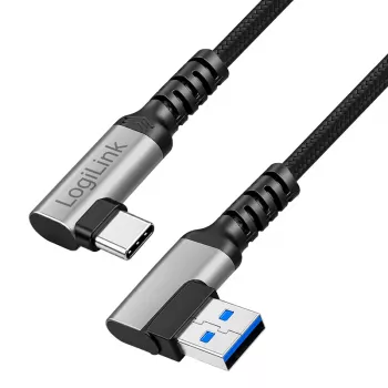 Câble LogiLink CU0472 USB 3.2 Gen1 Type-C, A/M 90° vers C/M 90°, 5 Gbps, 60 W, métal, argent/noir, 1,5 m