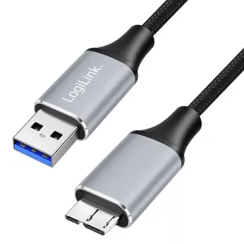 Câble Logilink CU0290 USB 3.0, A/M vers Micro-USB/M, 5 Gbps, nylon, métal, noir/argent, 1 m