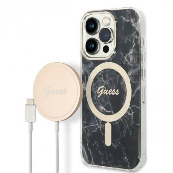 Ensemble étui + chargeur sans fil Guess GUBPP14LHMEACSK pour Apple iPhone 14 Pro 6,1 inch, étui rigide noir Marble MagSafe