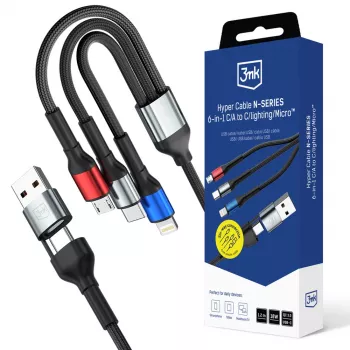 3MK Hyper Cable N-SERIES câble 6 en 1 USB-C / USB-A vers USB-C / MicroUSB / Lightning, QC 3.0, 18 W (9 V / 2 A), 1,2 m, noir
